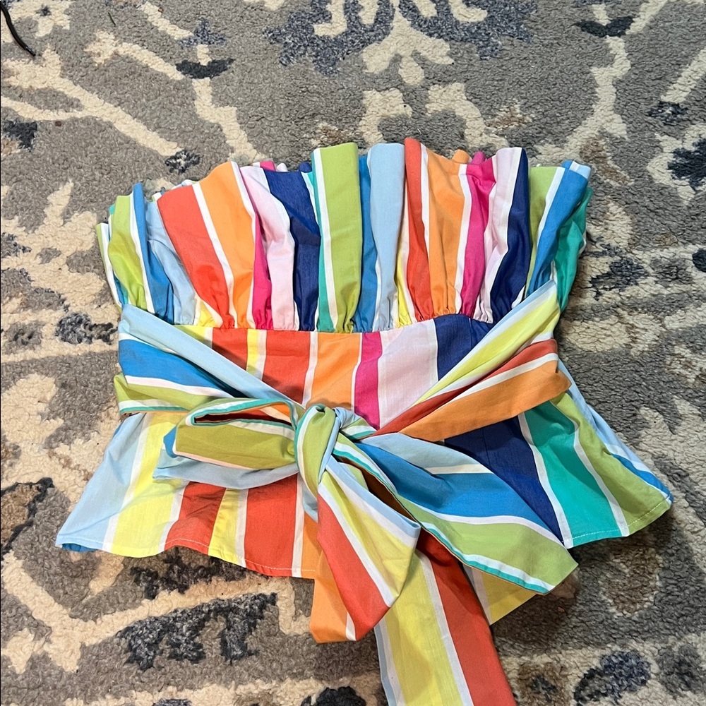 NY&Co. Pleated Striped Strapless Summer Tube Top Blouse w/ Bow Tie Detail